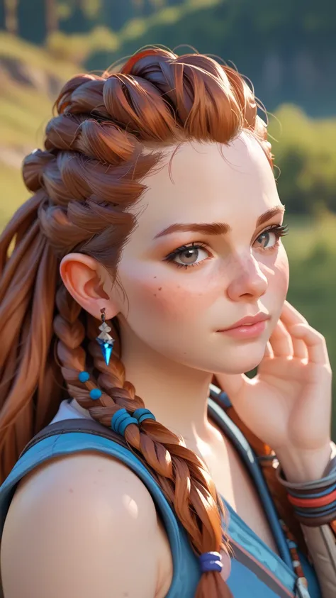 I want Loli anime dressed as the character from the video game Horizon Zero Dawn but a sexy and provocative version with black hair pigtails freckles on her face gray eyes with makeup