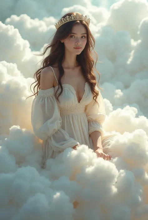 Pls be her hair like really dark brown she is sitting on the clouds and her dress is a more like fluffy and not just white coloured and she has a crown on top of her head