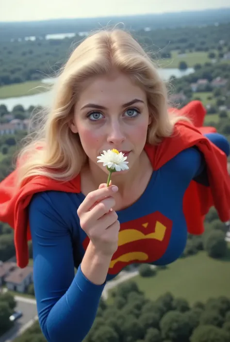 GRACEFULLY SOARING HIGH ABOVE THE CITY HOLDING A FLOWER UP TO HER NOSE AND SMELLING IT. HELEN SLATER. BLUE EYES BLONDE HAIR (SUPERGIRL) A VERY SEXY AND MUSCULAR YOUNG FEMALE NAMED ABIGAIL AS SUPERGIRL WITH BLUE EYES AND LONG HAIR, WEARING A SUPERGIRL COSTU...