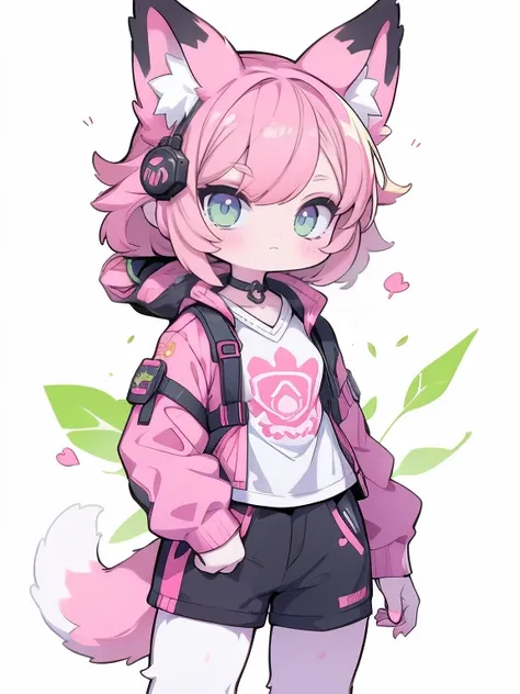 Anime girl with pink hair and green eyes wearing a pink shirt and black shorts, a character portrait by Shitao, pixiv, hairy art,  fox girl,  furry women's cute mini style, fox and bush, pink fox, stylized anime, Female Fursona,  cute fox plush smoke , cut...