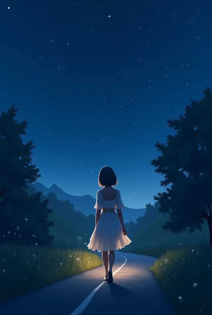 A girl walking at moon light on beautiful road