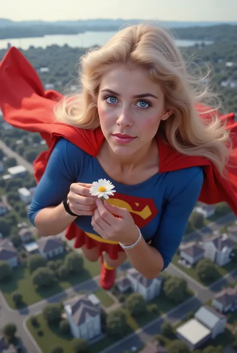 GRACEFULLY SOARING HIGH ABOVE THE CITY HOLDING A FLOWER UP TO HER NOSE AND SMELLING IT. HELEN SLATER. BLUE EYES BLONDE HAIR (SUPERGIRL) A VERY SEXY AND MUSCULAR YOUNG FEMALE NAMED ABIGAIL AS SUPERGIRL WITH BLUE EYES AND LONG HAIR, WEARING A SUPERGIRL COSTU...