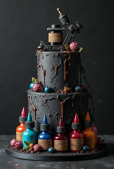 The two-layer tattoo cake is a single layer cake with a tattoo machine with several colored bottles decorated in black gray tones.