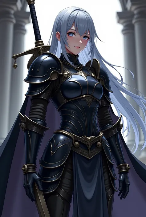 A girl (appearance: Cold gray hair, strong physique) ( Apparel:  Black Heavy Armor , Black Sword) ( full body view)  Illustration, Anime 4k,  Precise,  super detailed , High details,  high definition, Chiaroscuro 