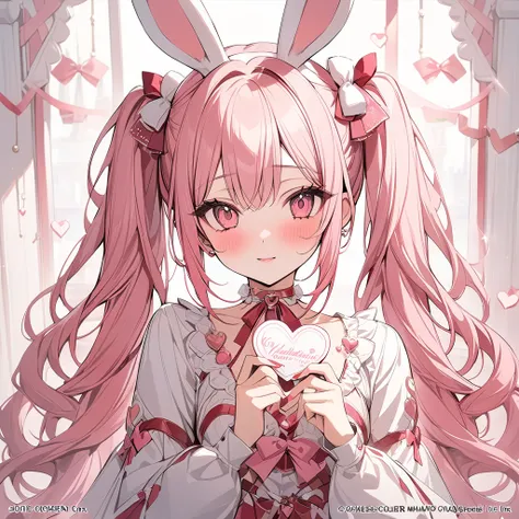 , Valentine々）, beauty, heart shaped choker, (masterpiece, highest quality), official art, beautiful and aesthetic: 1.2), (1 girl), very detailed, (Valentine art: 1.3), red pink colorful, pink long twin tails hair、rabbit ear, lolita dress, white valentine, ...