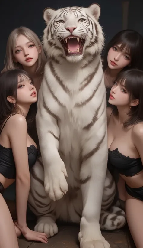 a big white tiger standing with two legs, it posing like dancing, open mouth, showing its fangs. the tiger is surrounding by four girls, the girls are beautiful women, they are wearing black lingeries, they are posing in seductive way surrounding the tiger...