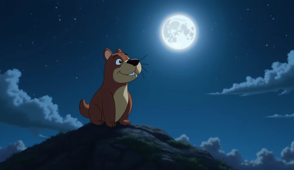 I want a picture of Lilo, the brave capybara, on top of Shadow Mountain, with the bright moon in the sky and surrounded by the fading dark cloud. Lilo is smiling, and in the background you can see the stars.