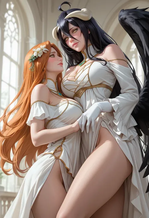 Two Lesbians　BLEACH (Albedo)(Inoue Orihime orange hair、)　, throw, blush looking down,  beautiful thighs　