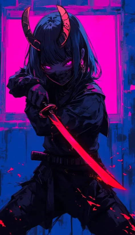 An illustration-style character, neon hair, modern samurai clothing, black mask ,A bright red katana ,Action style image,  chromatic aberration  ,  low lighting , neon light in the background ,