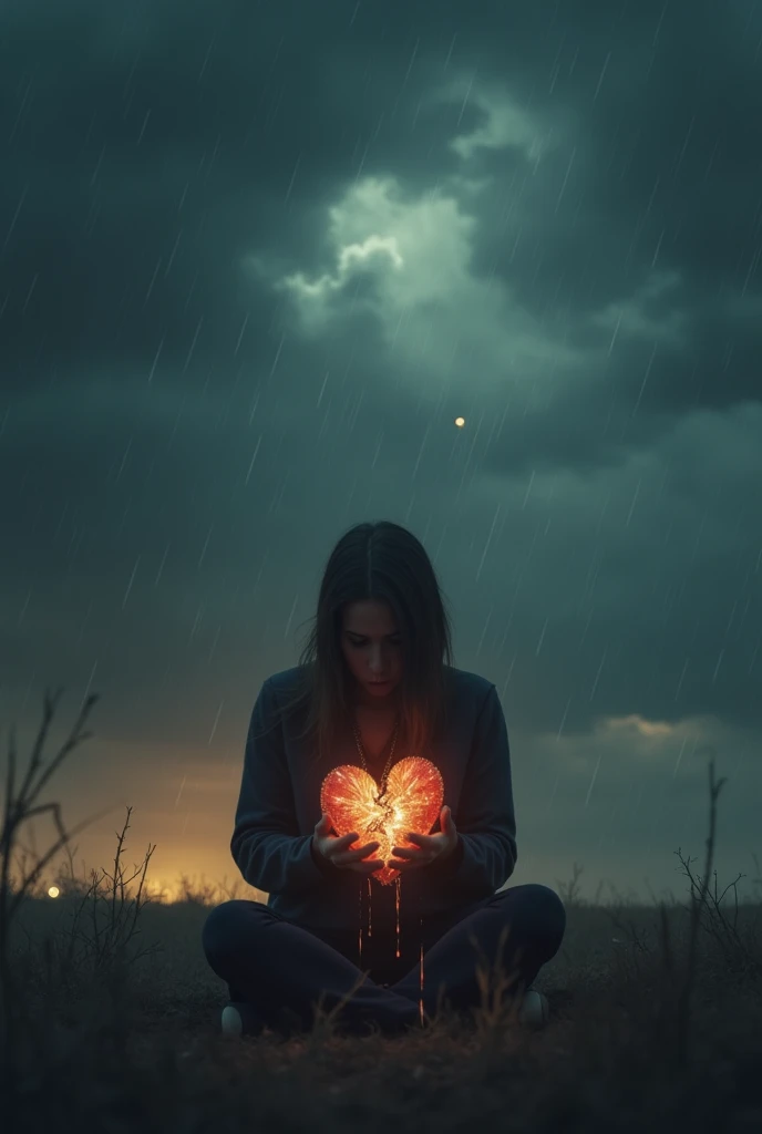 A heartbroken figure sitting alone under a stormy sky, holding a glowing, shattered heart in their hands. Tears fall like rain, blending with the dark clouds. In the distance, a faint light shines, symbolizing hope and longing. The scene is dramatic and em...