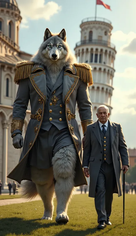   A hyper-realistic depiction of a towering, ultra-muscular anthropomorphic Italian giant Wolf, the symbol of Italy, his massive fur-covered frame clad in a royal grey velvet and gold-trimmed coat with intricate fur-lined epaulettes. His sharp, ice-blue ey...