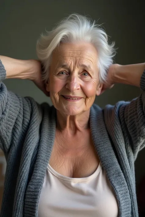 Ninety-year-old woman, She has huge breasts ,  She has sagging breasts , He is smiling
,He's wearing a tight gray knitted jacket unbuttoned,He's showing his shoulders, He doesn't wear any clothes under his jacket  , her bare breasts,  hands behind the head...