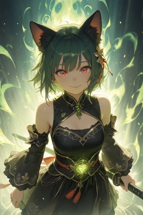 1girl, Looking at viewer, Smile, Red Eyes, Animal Ears, From Above, 3D Rendering, Hyperdetailed, intricate detailed,intricate katana with stylish pattern, short hair, green hair,aura, green aura sorounded her, realistic colored tatto, glowing tatto, master...