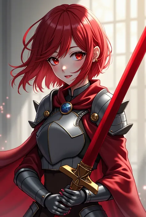 A girl (appearance: cabello rojo corto,  red eyes, pale skin,  25 years) ( Apparel: Light armor, red sword) ( full body view)  Illustration, Anime 4k,  Precise,  super detailed , High details,  high definition, Chiaroscuro 