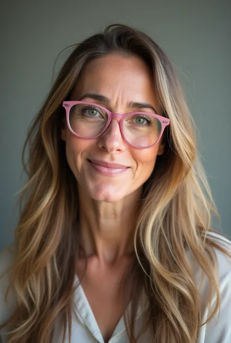 A physics/chemistry teacher with round pink glasses and long wavy hair, 45 years old, white skin 