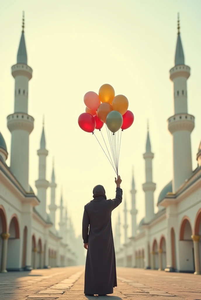 YouTube sized image create in which s Islamic dressing and hand in balloons pray of Allah in Islamic places 