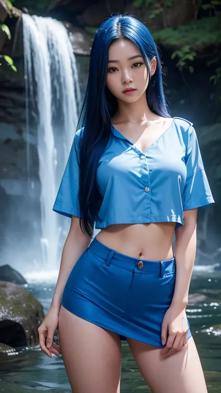 photo of a young woman naked in a waterfall standing in full height looking straight into the camera in a midriff shirt long thick blue hair uniform lighting captured using a Canon EOS R5 mirrorless camera with soft box lighting 