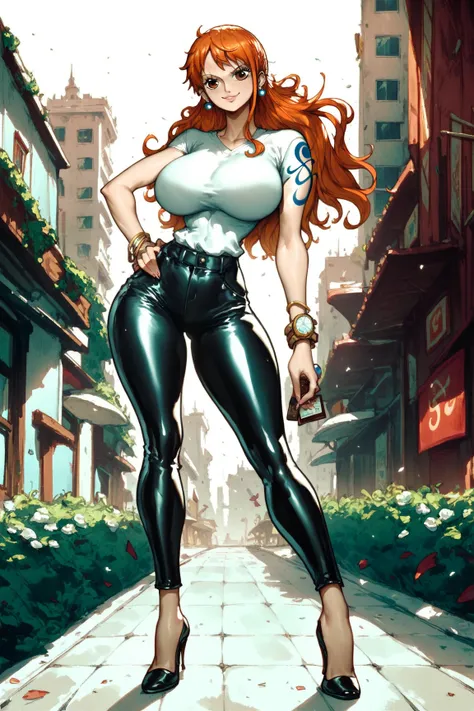 Nami (One Piece), solo, adult, tall, slim body, mature body, white tshirt, leather pants, shapely body, shapely hips, city background, black heels,