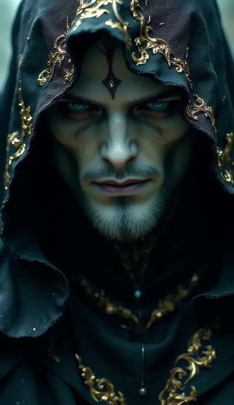 A closeup of the reaper, (close-up of his face:1.5), draped in shadowy robes with intricate golden runes, pale white face, ultra realistic, 8k, raw, masterpiece,   r3alisticf amanoer  in the style of ff-ds