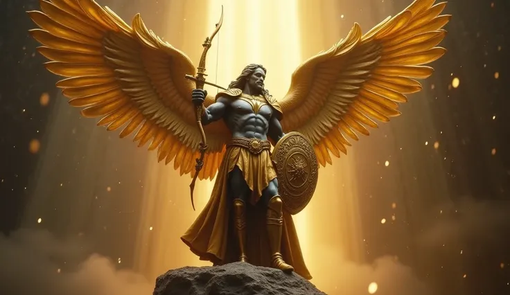 The image shows an imposing stone statue of an archangel, a strong and stately man., dark gray(almost black), wearing golden armor,  of a divine and warrior appearance ,  positioned on a rock with a dark and atmospheric background ,  illuminated by golden ...