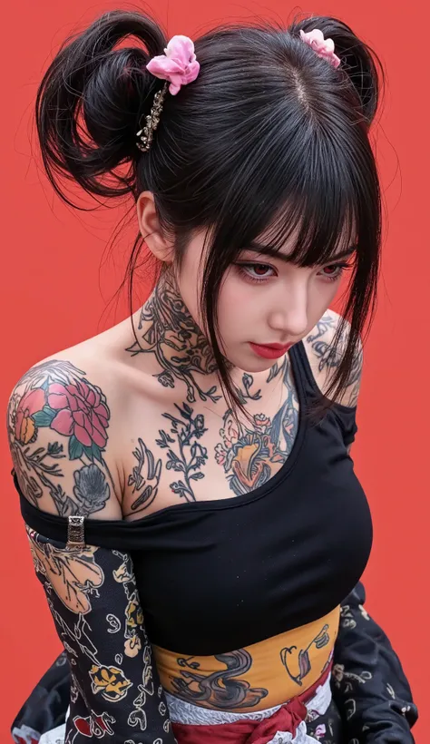 female, ((masterpiece, best quality, ultra detailed, absurdres),  solo,High Resolution, Masterpiece, Anatomically Correct, Best Quality, High Details, HD, High Quality, Super Detailed, woman has long black hair pulled up in two buns on either side of her h...