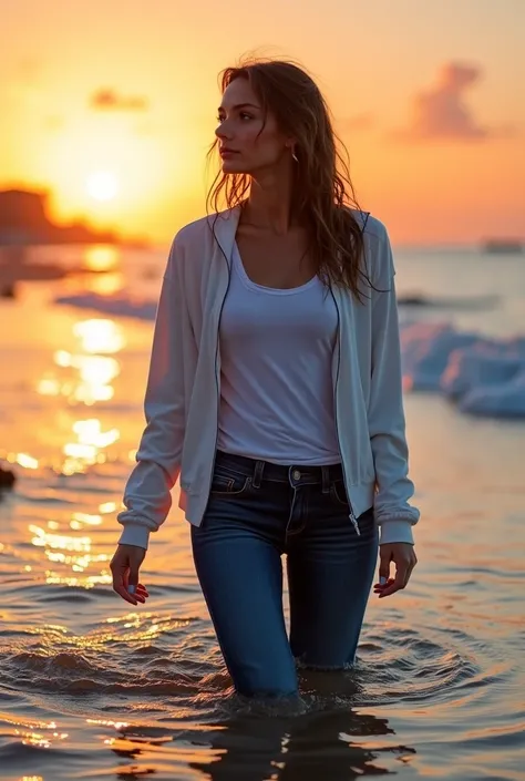  A pretty woman walks on the beach  ,   loves the sunset  .  she lies down in shallow water  ,  fully clothed  .  she wears A pair of tight dark blue skinny jeans ,  white sneaker sneakers wet  ,  a thin white sports jacket competently wet  ,  T -shirt wet...