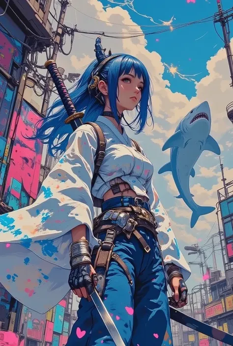    1girl   ,   blue hair  ,  white and blue crop top , stylish yukata  , Sneakers, View from below,bottom side corner, megalodon art as a background ,   Works  , HD ,  holding  katana on her shoulder, stylish Sneakers,  colorful art  ,  3D spray painting  ...