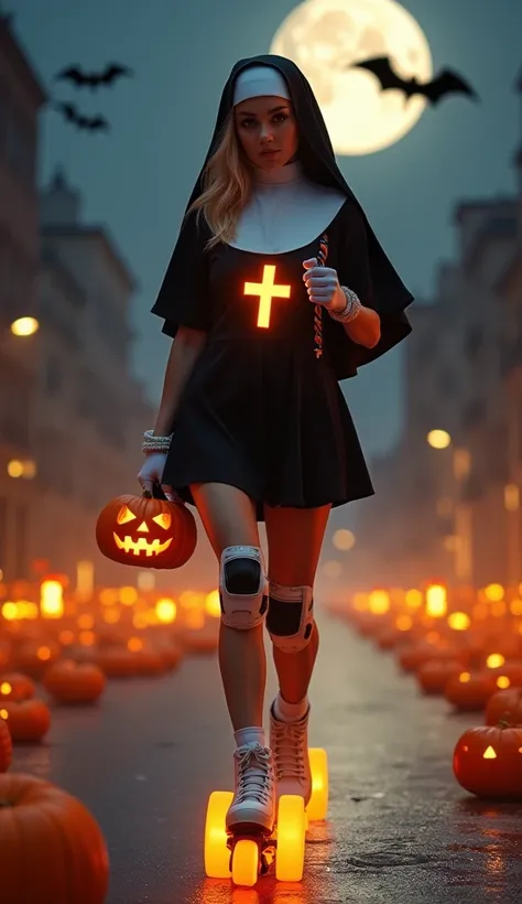  nun in short sexy low-cut dress. short sleeve, With a very pretty face,  bright eyes , bright cross hanging on the chest, Pumpkin with candies in hand,  clothes wearing inline skates with glowing luminous wheels, Pumpkin with candies in hand,  white glove...