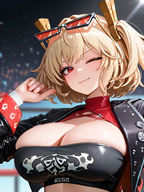 masterpiece, best quality, high resolution during boxing, very high resolution,초 high resolution during boxing, illustration,zPDXL2,Close-Up,portrait,1 woman, big boobs, is watching the audience,( blurry edge) ,Blusher, with one eye closed ,smile,Closed mo...