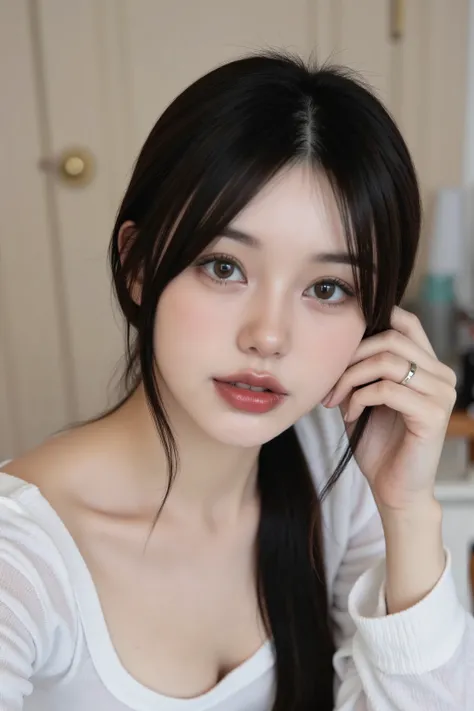 that, 1girl , Selfie, hidden hands, big eyes, fringe separated on the right side , youthful appearance , light black hair , details eyes , Iris , smiling, smile, rounded face, youthful appearance , sitting on the edge of the , vintage aest...