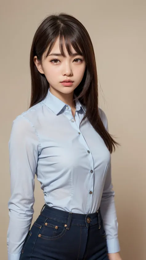 Office worker girl (tight business shirt) (blue-black tight business jeans.) (straight hair) (with bangs, brown hair) (slant eyes) (cream) (round face) (Japanese) (plain gray background, sharp retouching, fine retouching, realistic. natural finish) (lookin...