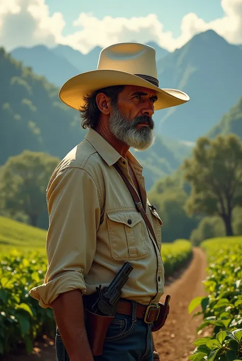 Coffee farm in the background, a white hat , A revolver 
