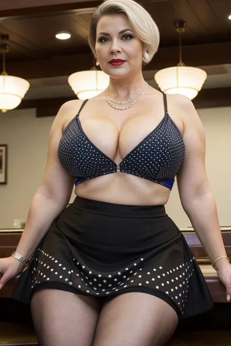 ((NSFWPASS))：thin fat  , A beautiful and wanton 50-year-old woman, (SexyMature), ((wearing a beautiful vintage short formal skirts with polka dots)), Sexy hot mini fun larger mesh free micro bikini, Practical, Chubby, Smooth face, Perfect eyes, symmetry, 8...