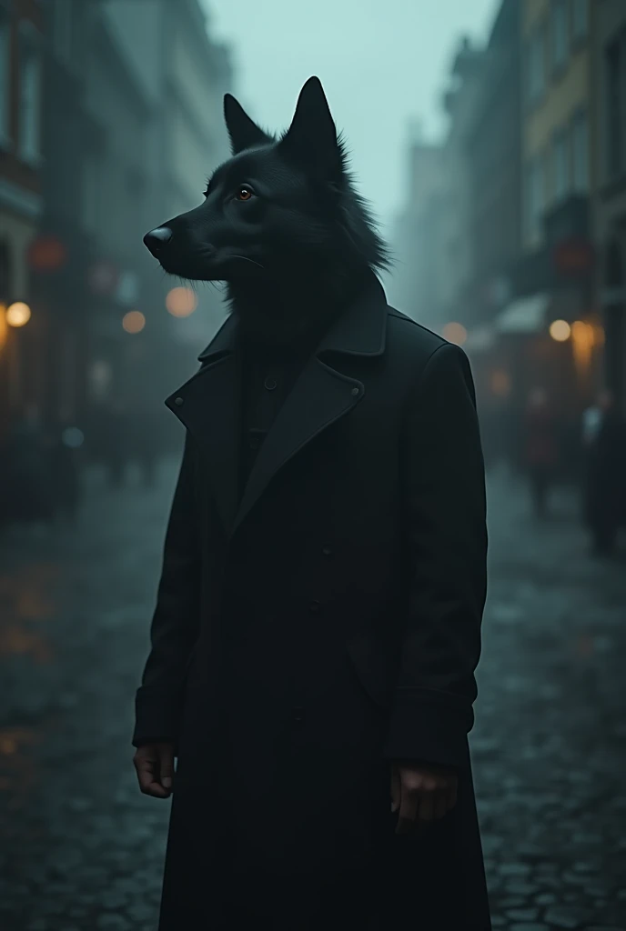 People with the head of a shepherd dog in the middle of a city. Realistic image , dark, HD.
  The composition in high resolution and quality creates dramatic shadows and contrasts that intensify the dark air of the figure,  amidst a darkened and hazy backg...