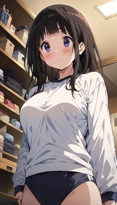 ( beautiful girl : 1.3), in the seat,(tandaeru),(White gym clothes, Long Sleeve,Dark blue buruma, boobs,pubic hair), black hair,smile, is bashful,blush, see here, dressing room, taken from below,masterpiece, highest quality, ultra high resolution, rich con...