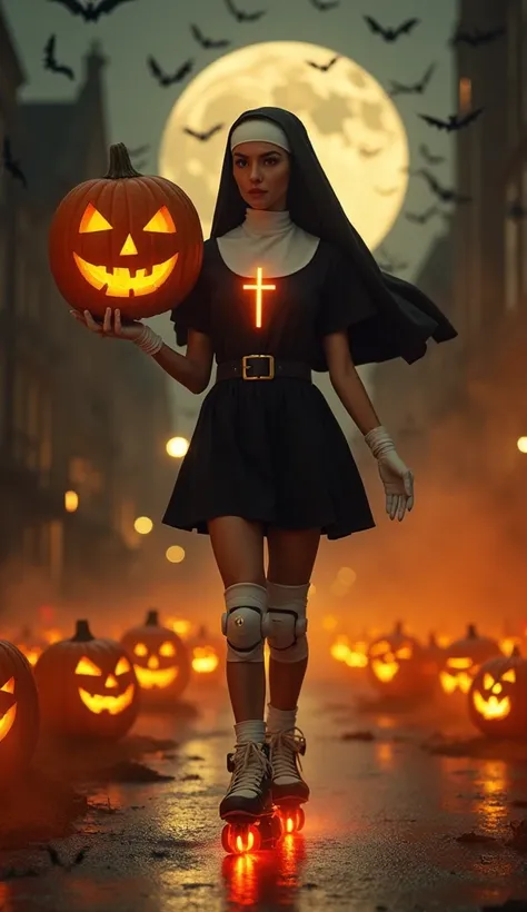  nun in short sexy low-cut dress. short sleeve, With a very pretty face,  bright eyes , bright cross hanging on the chest, Pumpkin with candies in hand,  clothes wearing inline skates with glowing luminous wheels, Pumpkin with candies in hand,  white glove...