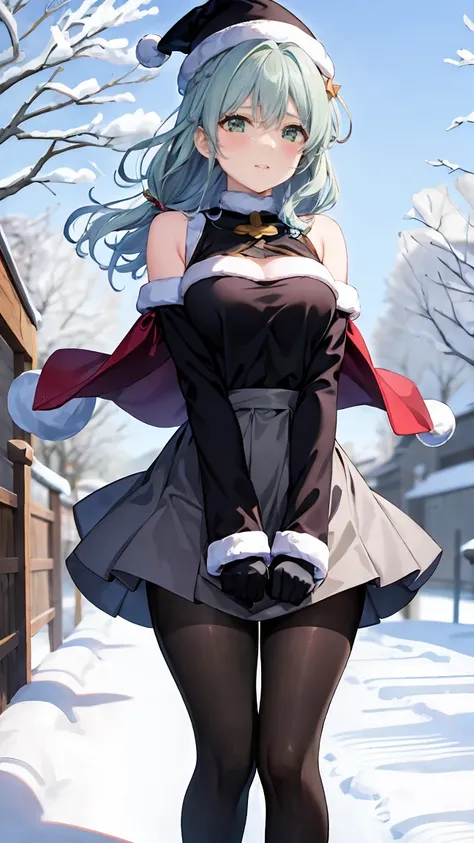  of shoulder-length green hair,  Small Breasts,  small tits、Green Eyes, 、(((Ladylike))), full body from head to toe 、Gestures of a sexy woman 、、Feminine clothing、、Chuckle、((Hair blowing in the breeze ))、Kamakura、 The World of Silver、snow、 Christmas、snow景色、...