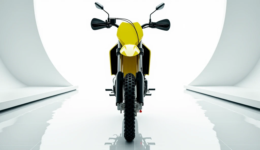 A captivating image of a (2025 kawasaki kx500 dirt bike) in yellow colour taking center stage in a luxurious white showroom.  The  front view highlights the cutting-edge innovation and technology of its time, enticing potential buyers to experience the fut...