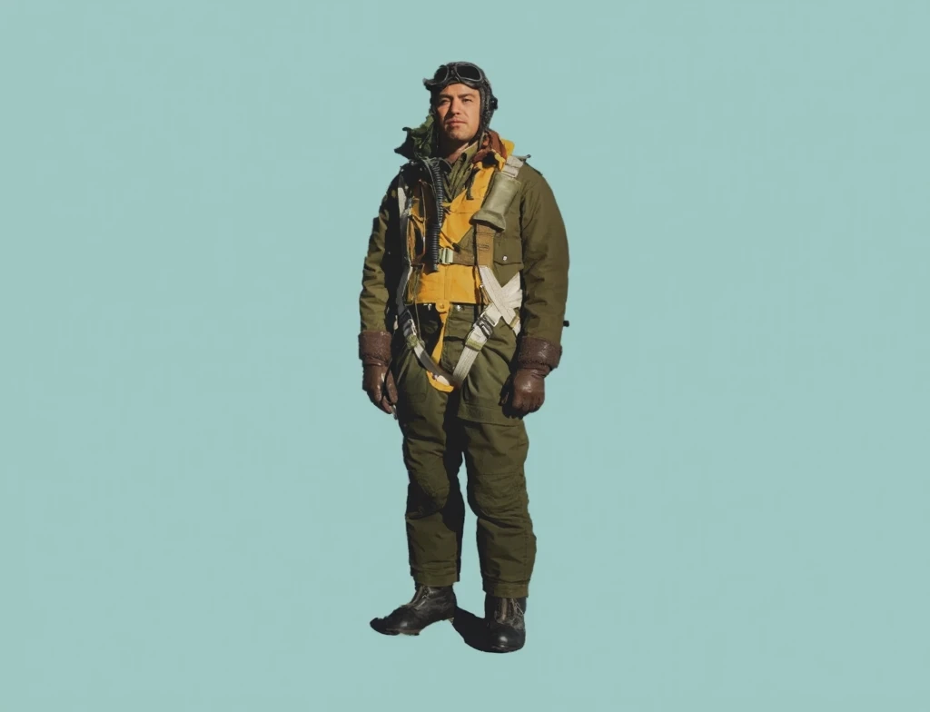 (masterpiece:1.4), (best quality:1.4), retro 1950s vintage, extremely detailed, intricate, hyper-detailed, illustration, soft lighting, man, in air wwii flight gear, stoic face.  intricate, dramatic lighting, 4k, detailed_background, caustics, full_body, d...