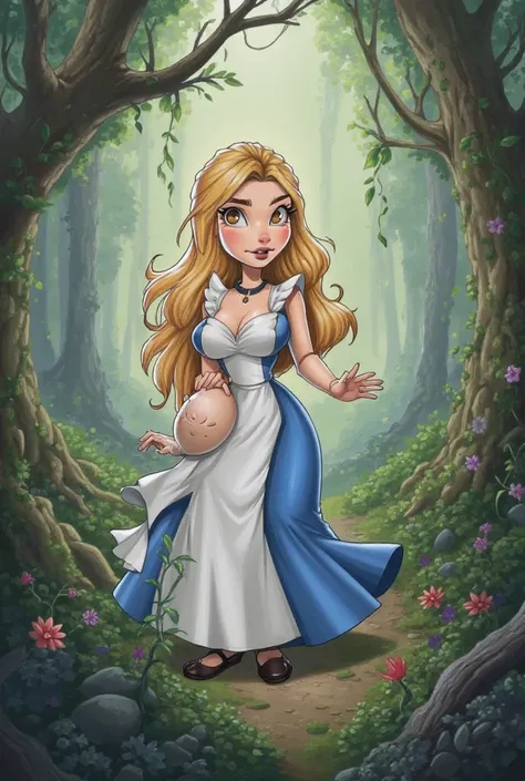 Alice’s Adventures in Wonderland, sexy, big sagging breast, blue and white sexy dress. Long blonde wavy hair. In magical forest