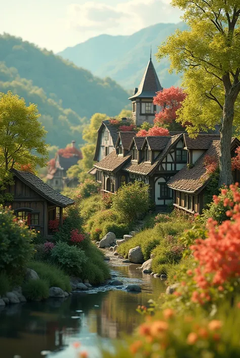 A diorama of a medieval european landscape, idyllic atmosphere, pacific village with  trees blooming, best quality, 4k, 8k, highres, masterpiece:1.2, ultra-detailed, realistic, photorealistic, photo-realistic:1.37, vibrant colors, cinematic lighting, 35mm ...