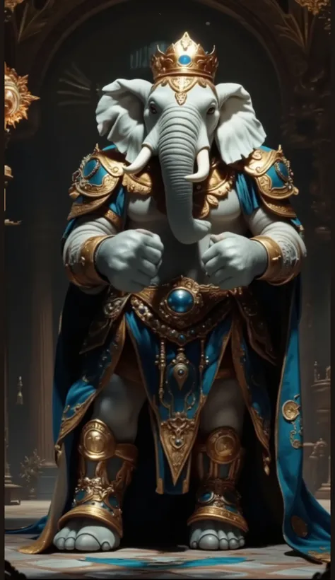 A majestic anthropomorphic elephant king, standing tall in an ancient throne room filled with ornate pillars and intricate carvings. The elephant has large, expressive eyes, and powerful tusks, adorned with golden caps. He wears a royal golden crown embedd...