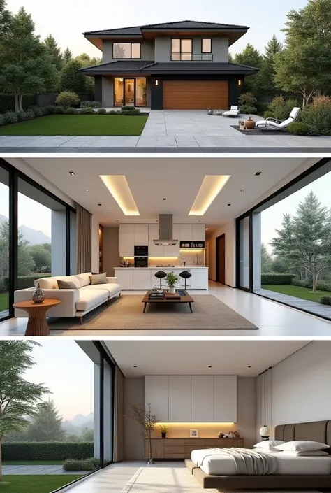  Beautiful Design Collage , Presents Modern ,  Modern House .  Collage contains the following view :  , Front Yard with Landscape Design ,  Bright Spacious Living Room , With Modern Furniture ,  A stylish modern kitchen ， with Nakajima and stainless steel ...