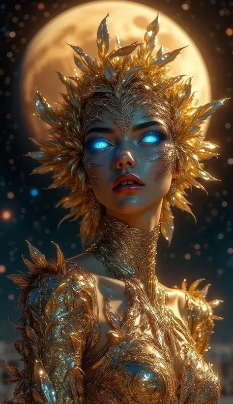 Against the background of a huge full Mars, with thousands of stars, a huge comet tail. A crystal woman with skin made up of thin, textured gold leaves, with chrome and gold flowers intricately woven into her hair, with eyes shining with warm blue light, p...