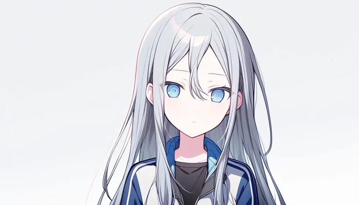  1 girl completely naked,Alone,Yoshizaki Kanade,Gray Hair, long hair,very  long hair, blue eyes, pink cheeks, blue training suit, black shirt , cute,White background,Kanade 3rd, cute,  cute, , Anime, Project Sekai,Prusk , Project Sekai(Yoshizaki Kanade), u...