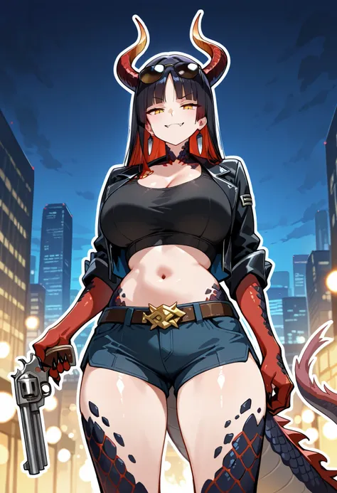 (masterpiece, best quality, high quality, highres, ultra-detailed, white outline skin, dragon legs, dragon thighs), solo, 1girl, hime cut bangs hair, two tone hair, crimson red hair, black hair, mature woman, dragon lady, golden eyes, mature and calm expre...