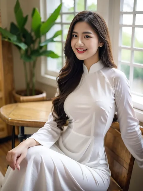 VIETNAM BEAUTIFUL GIRL WEAR AODAI, BLUE AO DAI COSTUME, VIETNAMESE,  A girl in a white traditional vietnamese dress, with friends in a classroom, beautiful detailed eyes, beautiful detailed lips, extremely detailed face, longeyelashes, (best quality,4k,8k,...