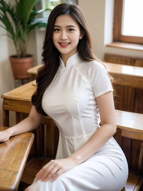 VIETNAM BEAUTIFUL GIRL WEAR AODAI, BLUE AO DAI COSTUME, VIETNAMESE,  A girl in a white traditional vietnamese dress, with friends in a classroom, beautiful detailed eyes, beautiful detailed lips, extremely detailed face, longeyelashes, (best quality,4k,8k,...