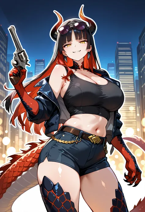 (masterpiece, best quality, high quality, highres, ultra-detailed, white outline skin, dragon legs, dragon thighs), solo, 1girl, hime cut bangs hair, two tone hair, crimson red hair, black hair, mature woman, dragon lady, golden eyes, mature and calm expre...