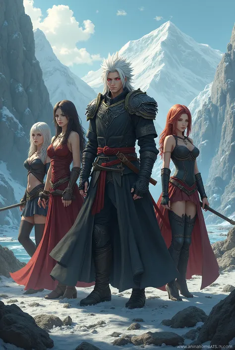 anime, 4 women. 1 man white hair red eyes. final fantasy. Vikinger